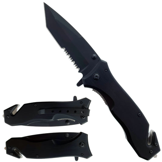 8" Black Folding Knife with seat belt cutter and glass breaker