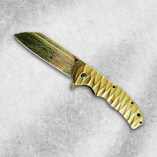 Falcon 8.75" Gold Spring Assisted Knife with Damasus Pattern on the Blade