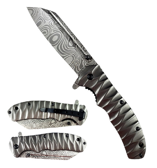 Falcon 8.75" Gray Spring Assisted Knife with Damasus Pattern on the Blade