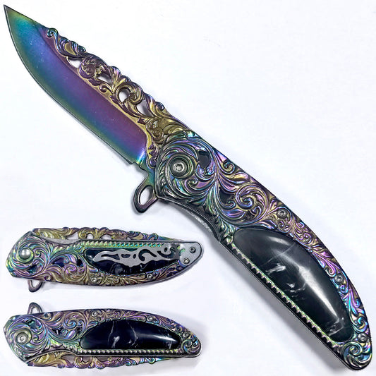 Spring Assisted Rainbow Pocket Knife - Acrylic Handle & Design