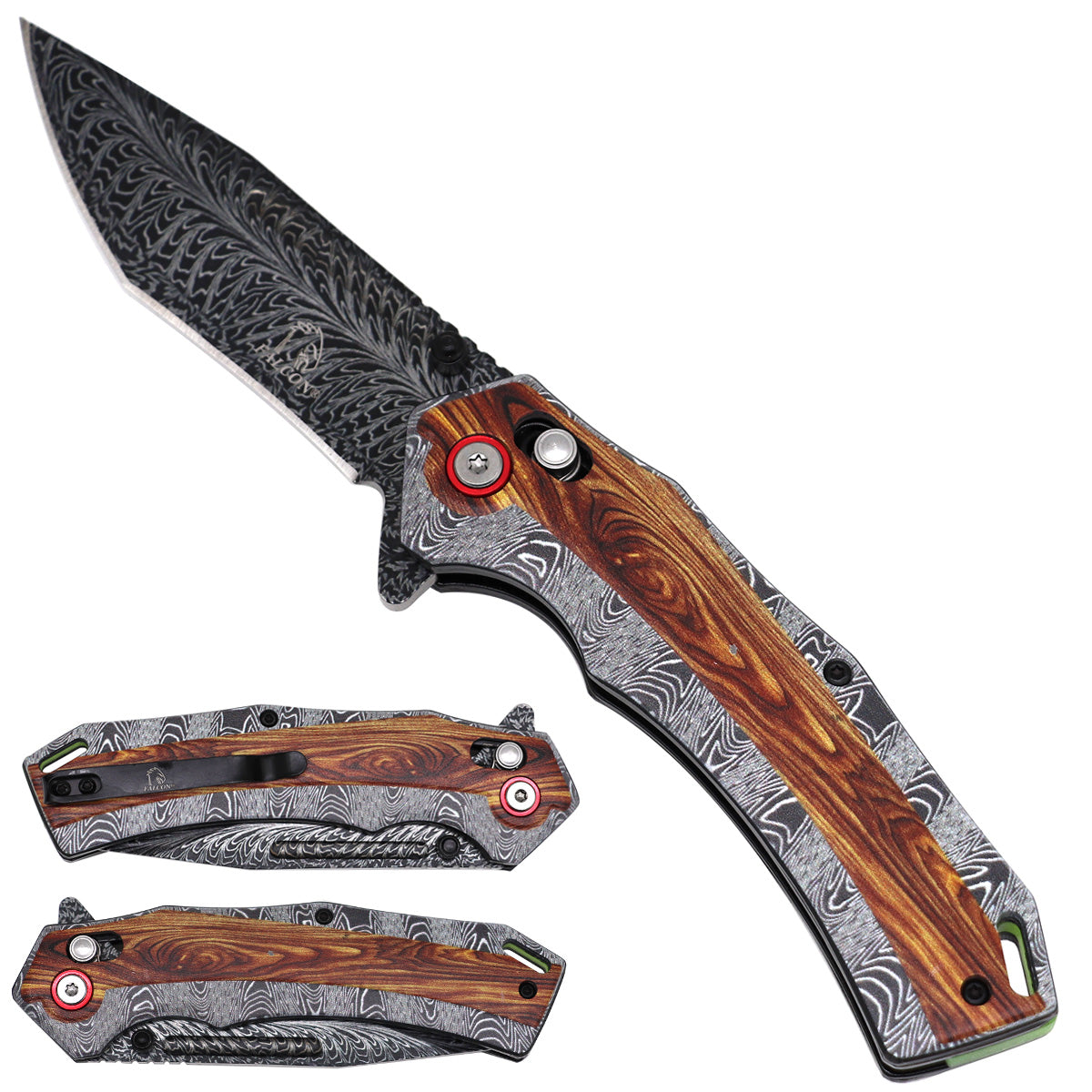 Falcon Black & White Wood Pattern Axis Lock Pocket Knife
