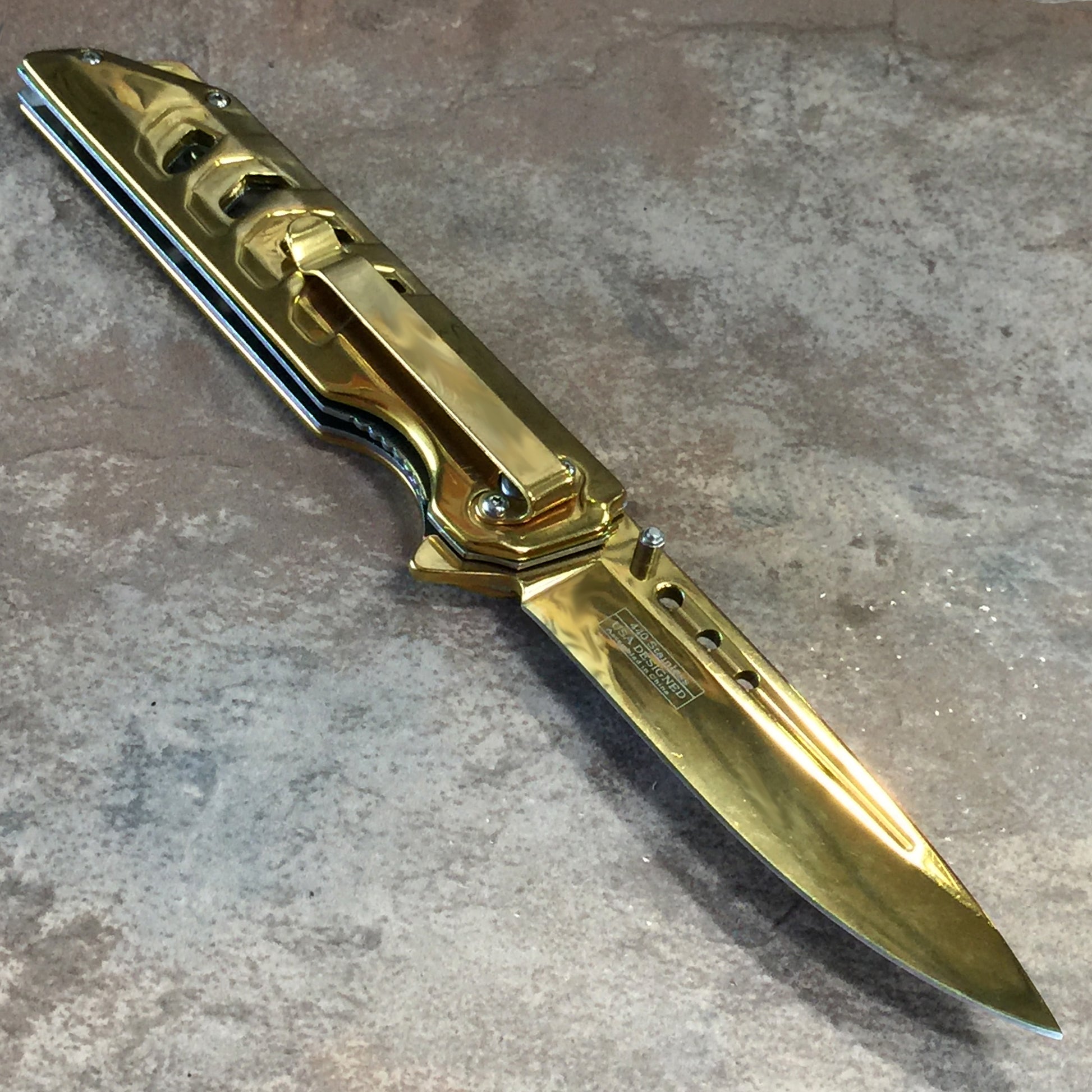 Falcon 8 3/4" Mirror Gold Spring Assisted Pocket Knife