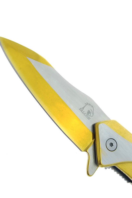 Falcon 8" Gold and Silver Spring Assisted Pocket Knife