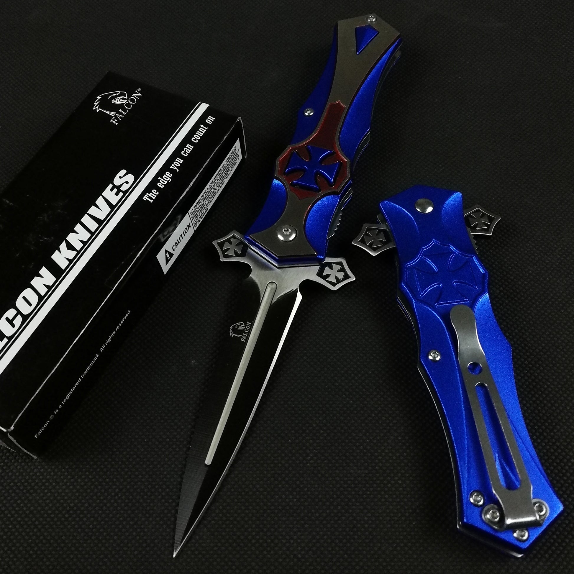 Falcon 8 1/2" Blue & Red Cross Blade Spring Assisted Knife