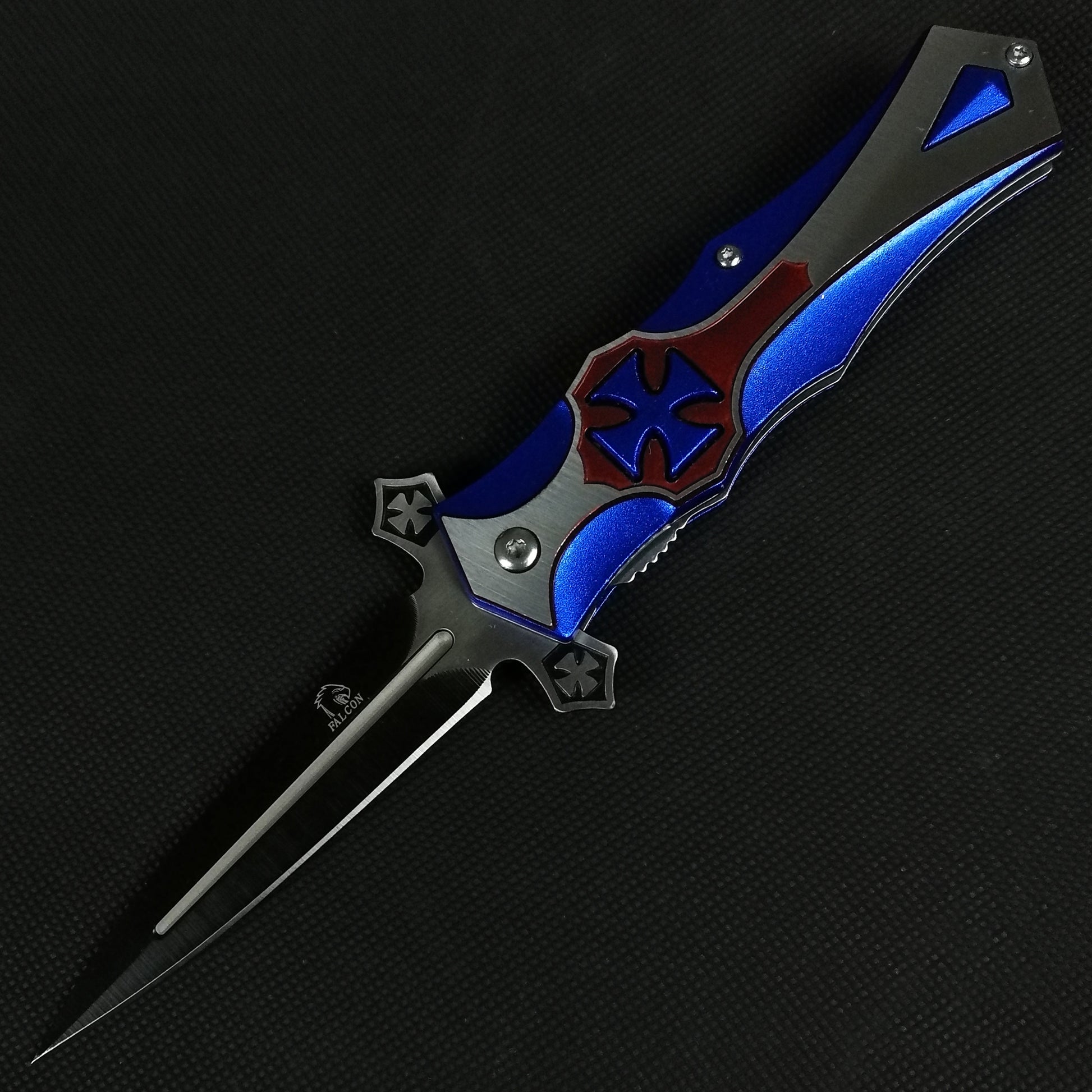 Falcon 8 1/2" Blue & Red Cross Blade Spring Assisted Knife