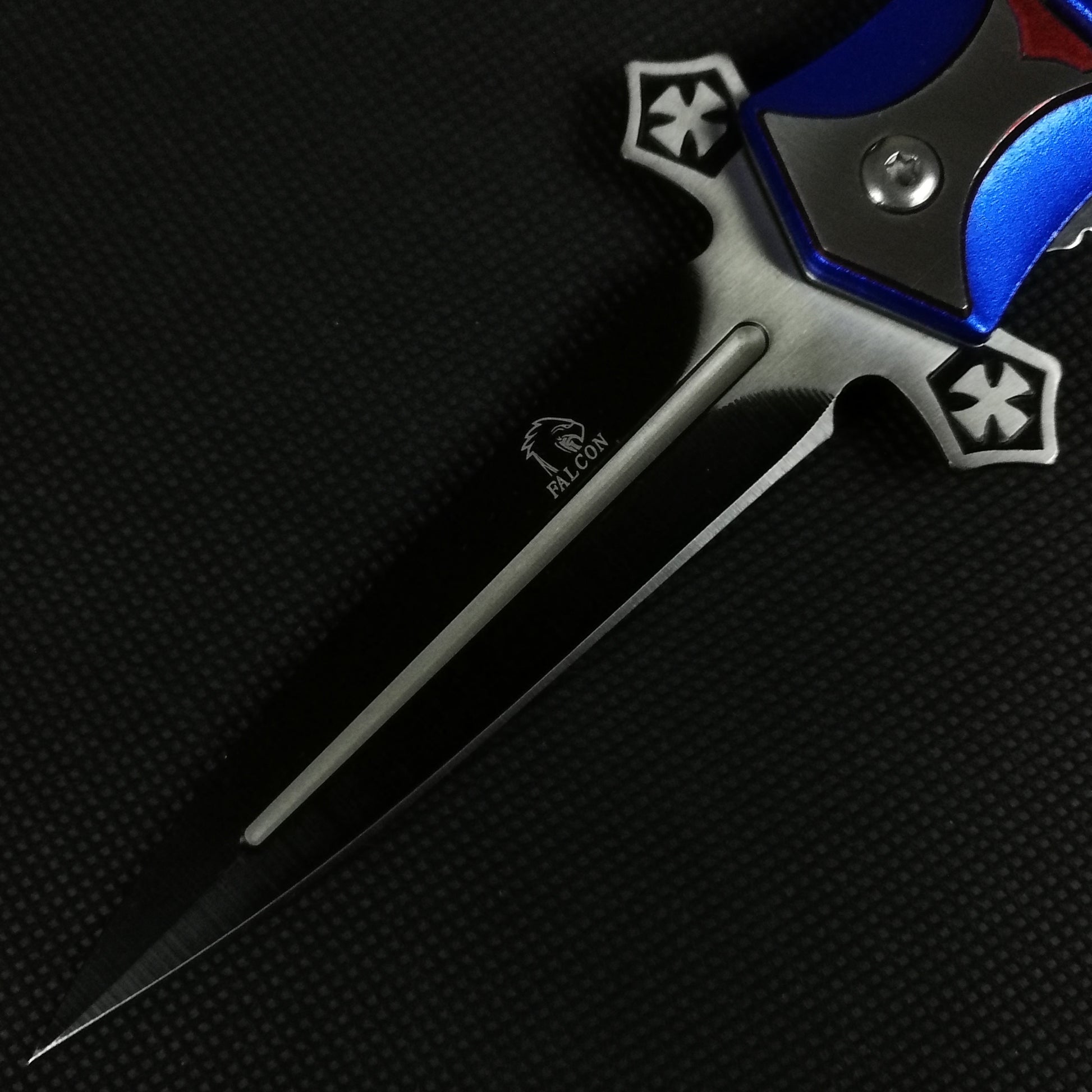 Falcon 8 1/2" Blue & Red Cross Blade Spring Assisted Knife