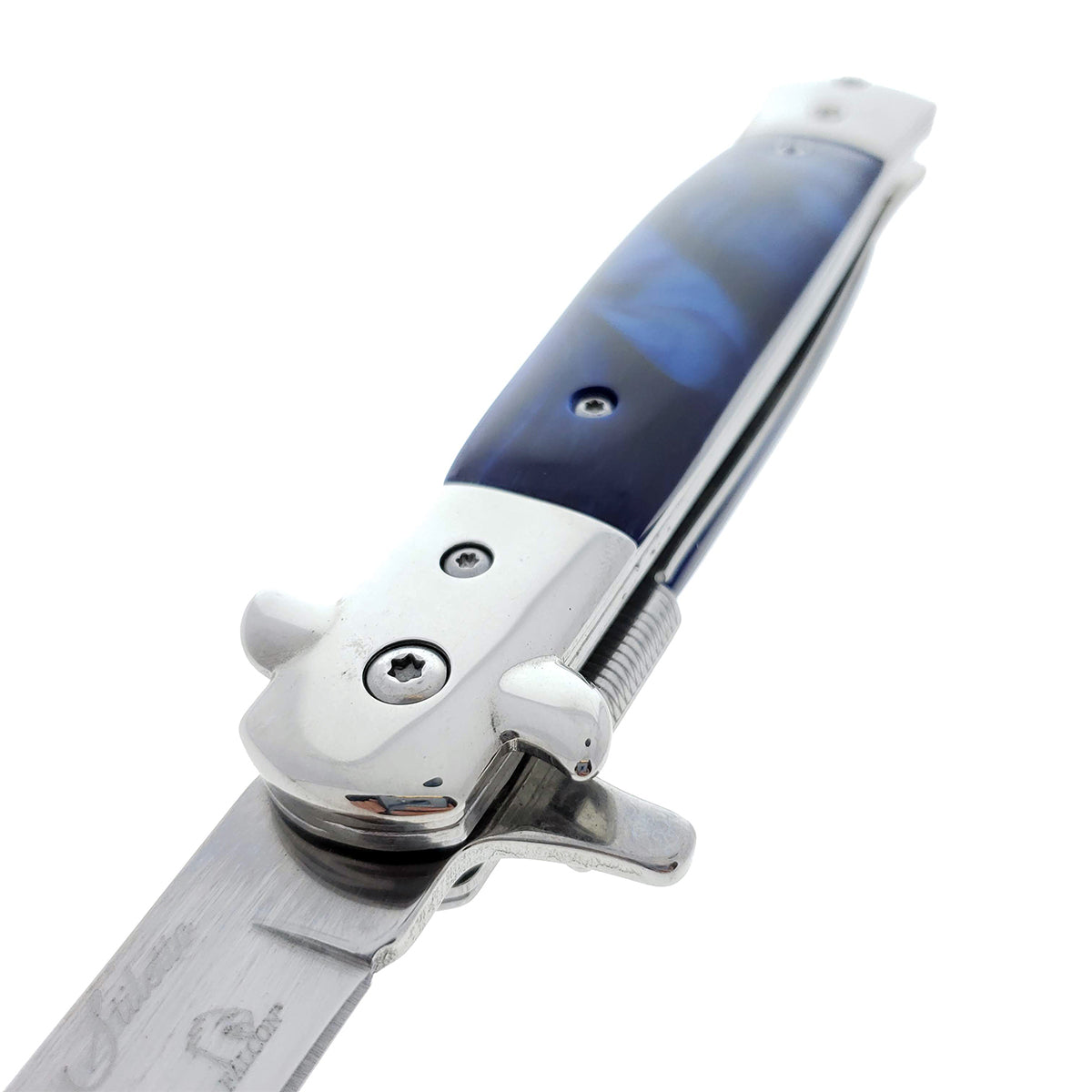 Falcon 9" Folding Knife w/ Blue Acrylic handle.