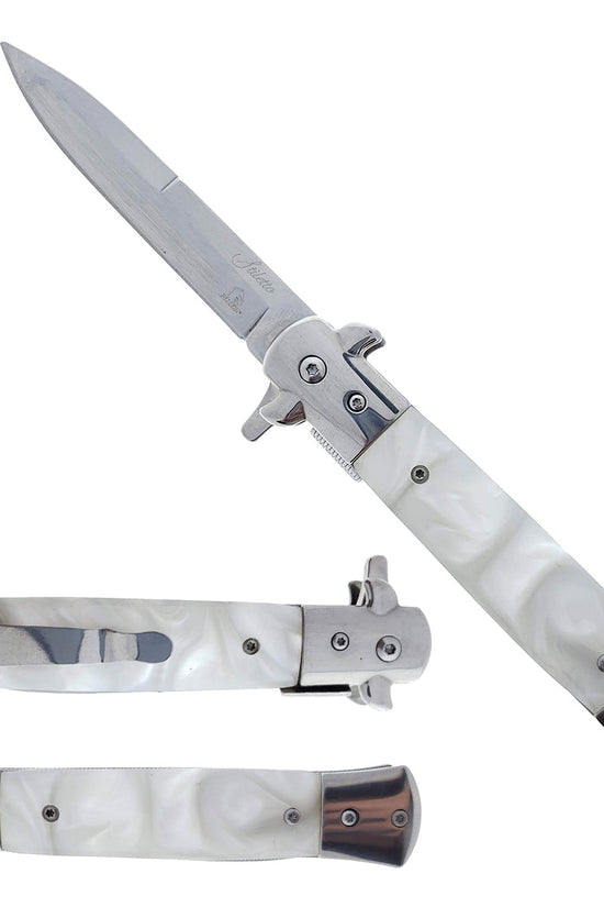 Falcon 9" Spring Assisted Stiletto Knife w/ faux White Marble Acrylic handle.