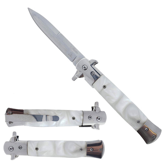 Falcon 9" Spring Assisted Stiletto Knife w/ faux White Marble Acrylic handle.