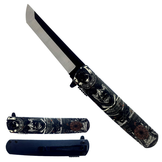 8.5" Tanto Blade Spring Assisted Pocket Knife Dark Samurai Design