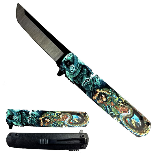 8.5" Tanto Blade Spring Assisted Pocket Knife Water Samurai Design