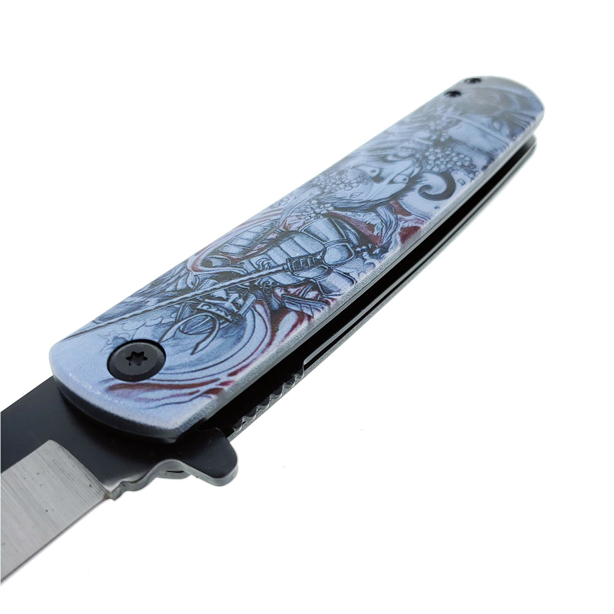 8.5" Tanto Blade Spring Assisted Pocket Knife White Samurai Design