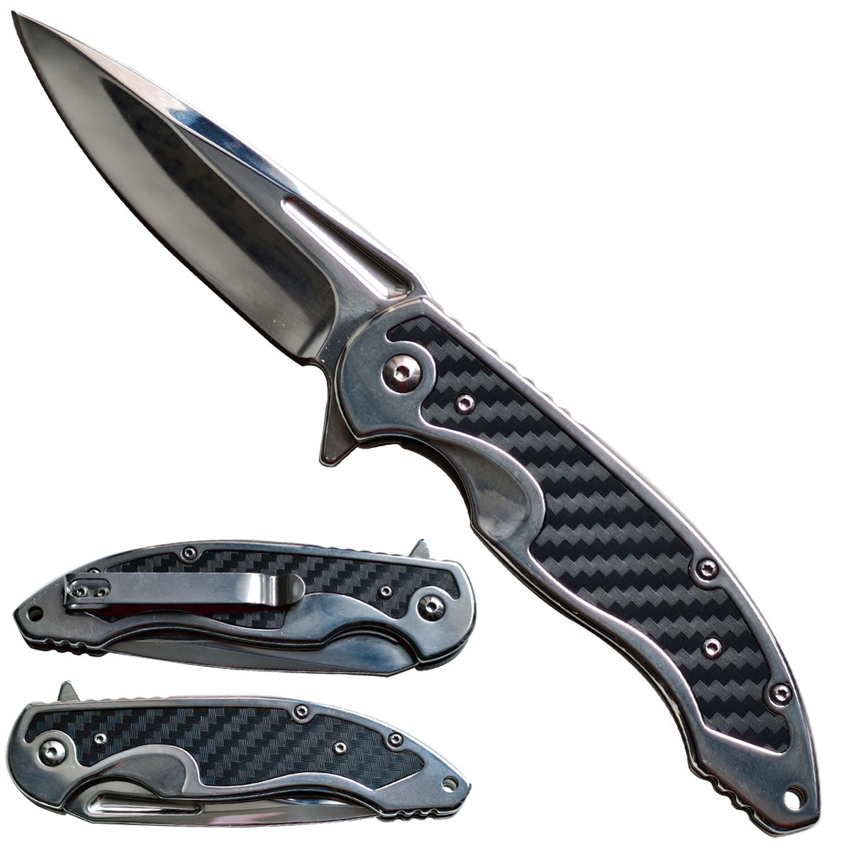 Falcon Ball Bearing Flipper Knife - Steel w Carbon Fiber Handle