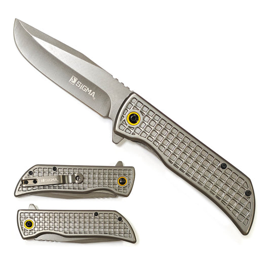 Sigma KSB4401GY Waffle Steel Handle Ball-Bearing Pocket Knife | 3.75-Inch 8Cr Blade