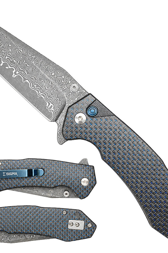 Damascus Ball Bearing Flipper Knife - Carbon Fiber Handle