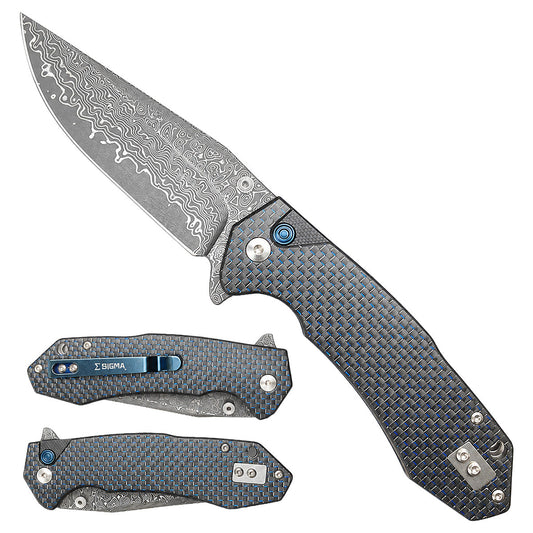 Damascus Ball Bearing Flipper Knife – Carbon Fiber Handle folding pocket knife product photo
