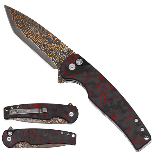 Sigma Red Carbon Fiber Damascus Ball Bearing Flipper Knife folding pocket knife product photo