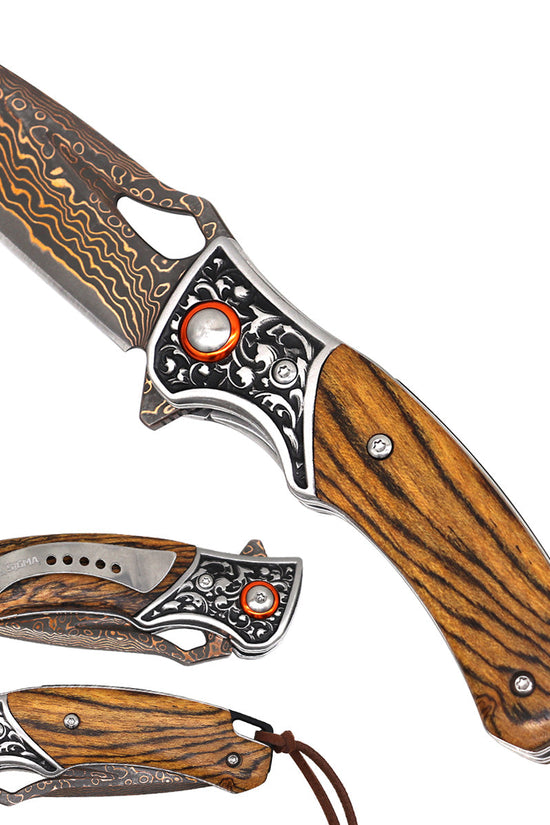 Sigma wholesale Damascus ball bearing flipper knife with embossed acid wood handle KSBM049
