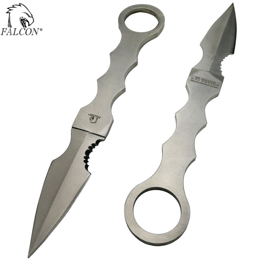 Falcon Silver Fixed Blade Tactical Knife with Finger Rings