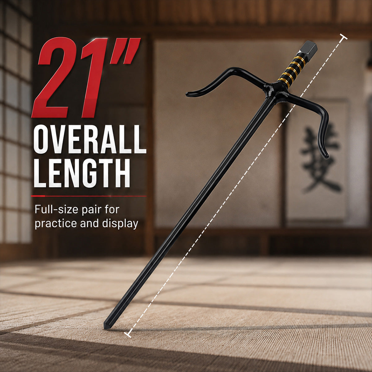 21" Black Sai with black/gold plastic wrapped handle.