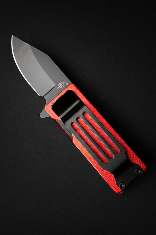 Guild Arms EDC spring assisted knife Lighter Case Holder with red textured handle and stainless steel blade
