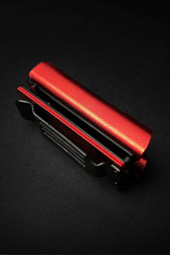 Guild Arms red EDC spring assisted knife Lighter Case Holder with compact design on black background