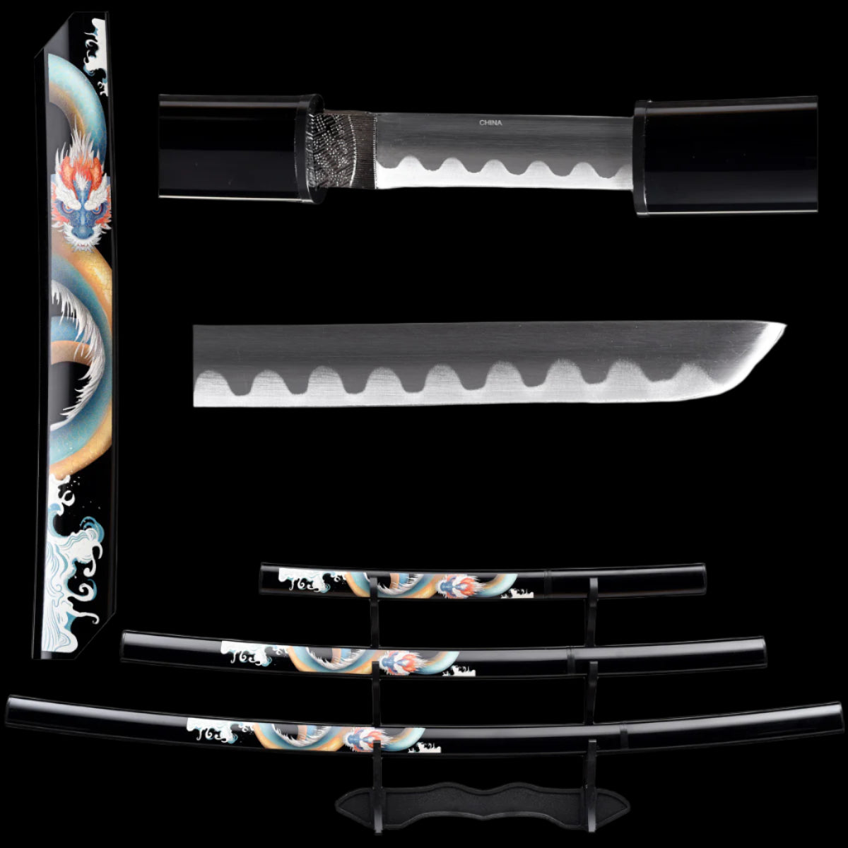 Set of Samurai swords with dragon design on a white background
