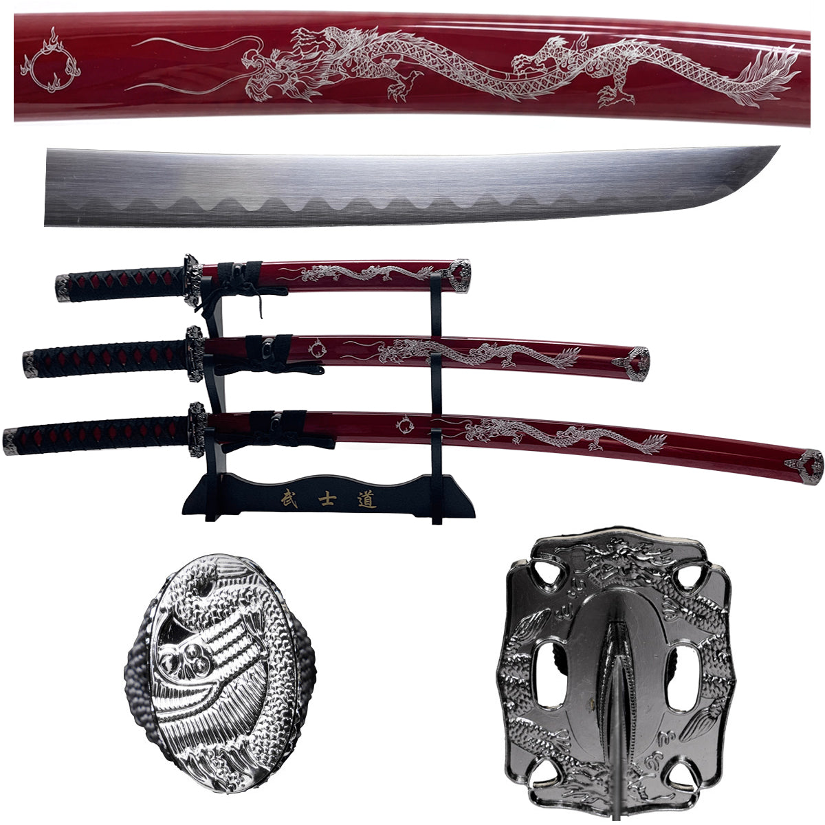 SA123BD-Dg 3-Piece Samurai Sword Set | Dragon Engraving