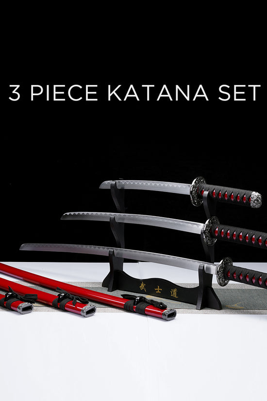 3 PCS Samurai Sword Set - Red Katana , Wakizashi and Tanto Set