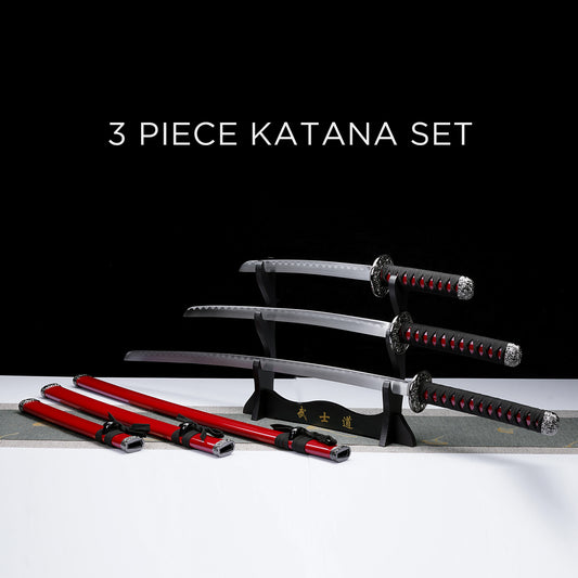 3 PCS Samurai Sword Set - Red Katana , Wakizashi and Tanto Set
