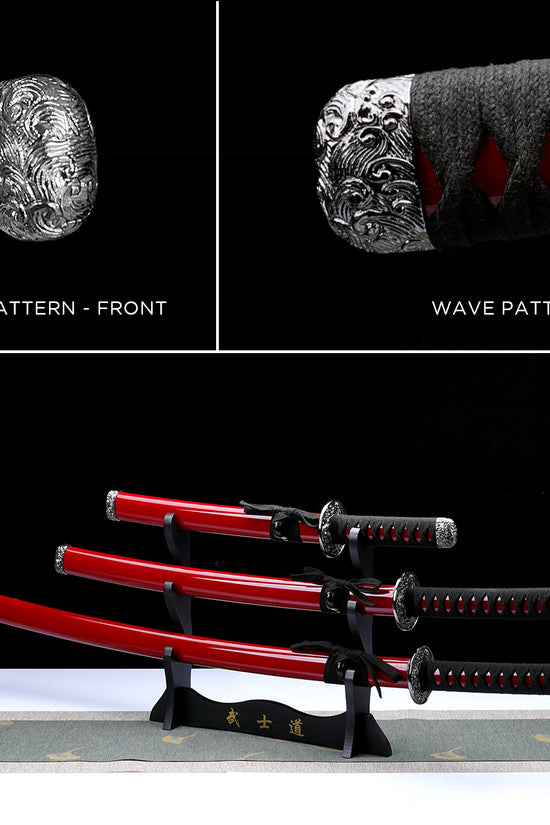 3 PCS Samurai Sword Set - Red Katana , Wakizashi and Tanto Set