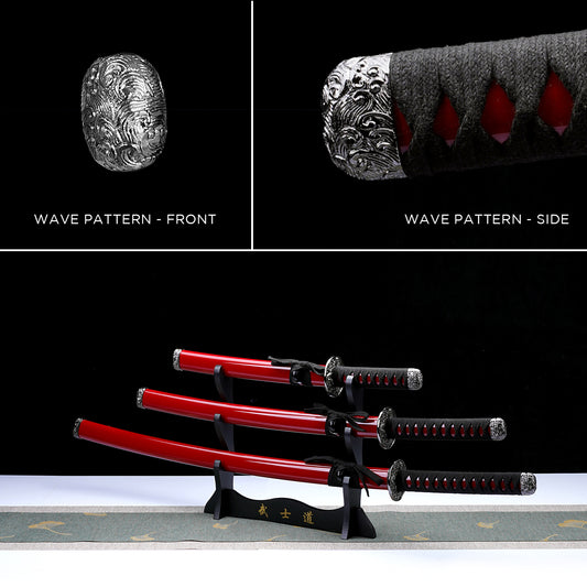 3 PCS Samurai Sword Set - Red Katana , Wakizashi and Tanto Set