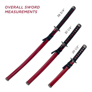 3 PCS Samurai Sword Set - Red Katana , Wakizashi and Tanto Set