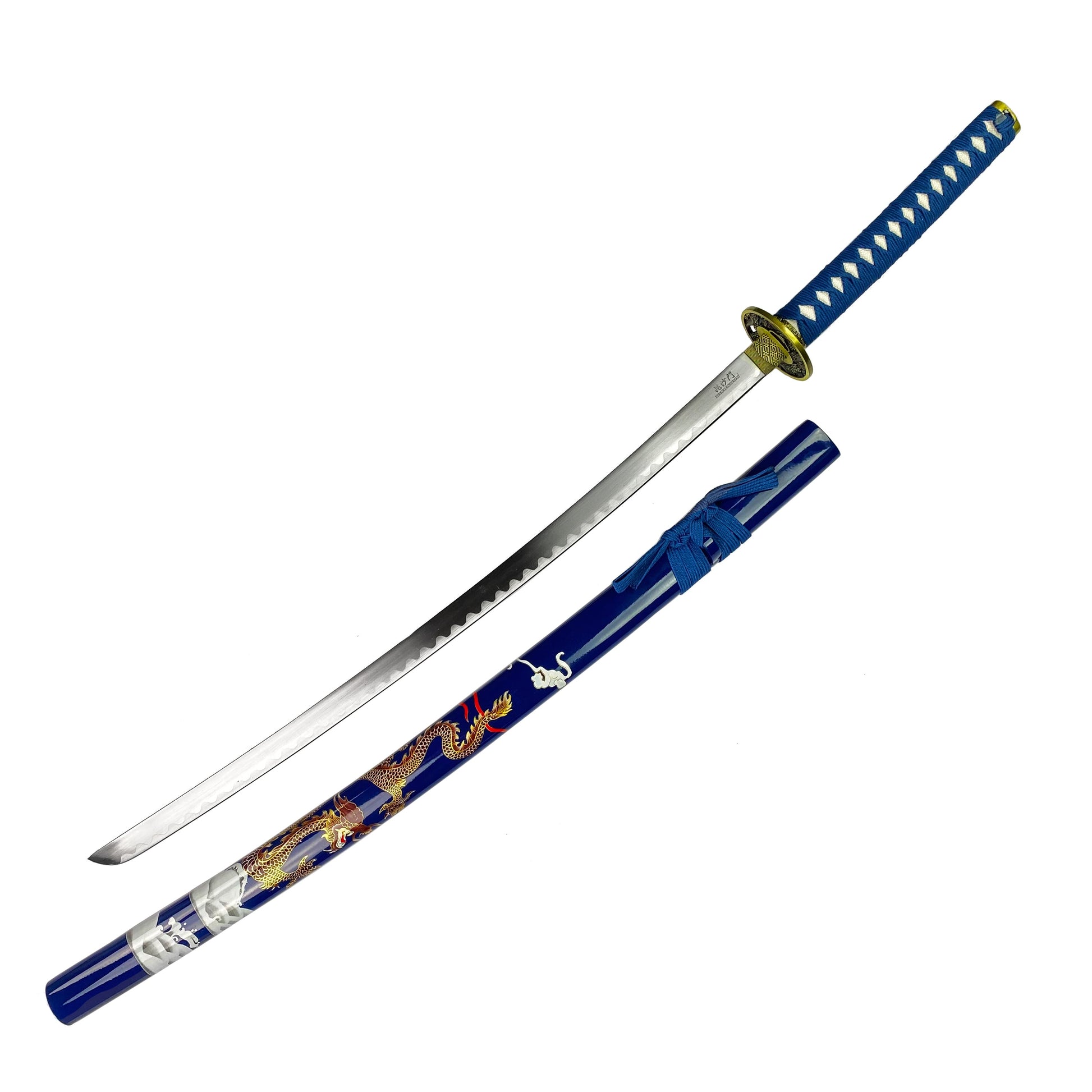 Bishamon Dragon on Scabbard Blue Samurai Sword w/ Stand Set