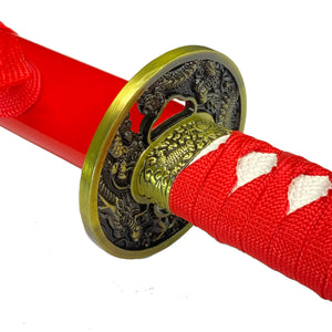 Bishamon Dragon on Scabbard Red Samurai Sword w/ Stand Set