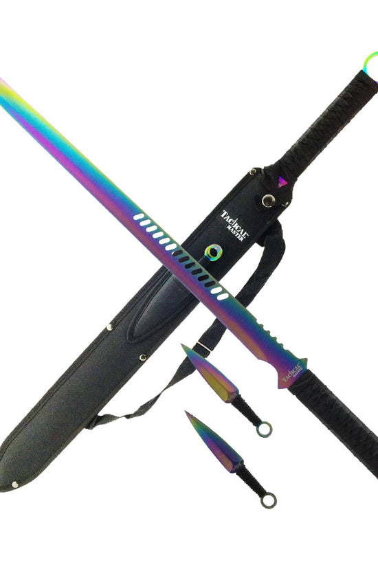 Tactical Master 27" Rainbow Machete Tanto Blade with 2 pcs 6" Throwing Knife