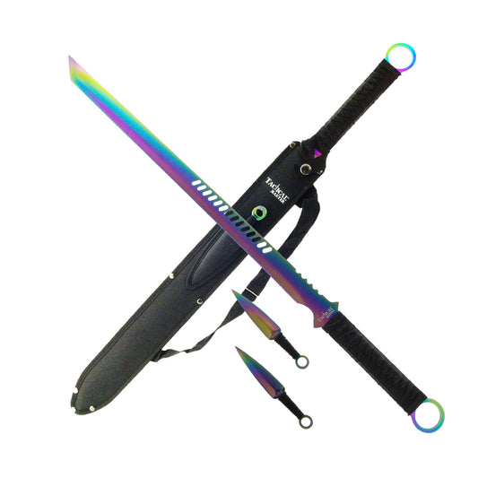 Tactical Master 27" Rainbow Machete Tanto Blade with 2 pcs 6" Throwing Knife