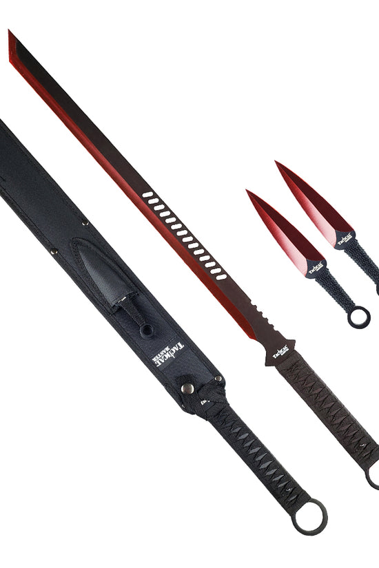 Tactical Master 27" Tactical Master Red Machete With 6" Throwing Knives