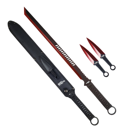 Tactical Master 27" Tactical Master Red Machete With 6" Throwing Knives
