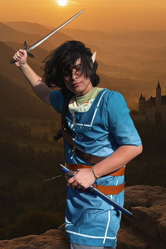 Elf cosplayer raising sword near castle