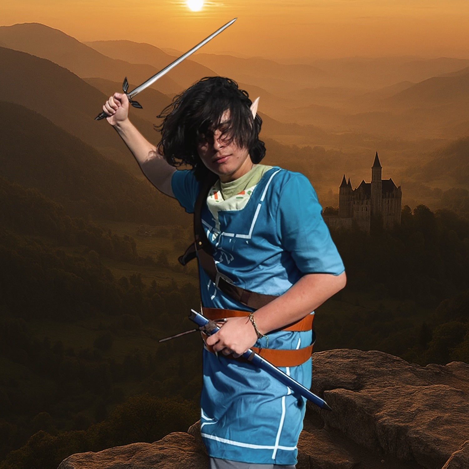 Elf cosplayer raising sword near castle