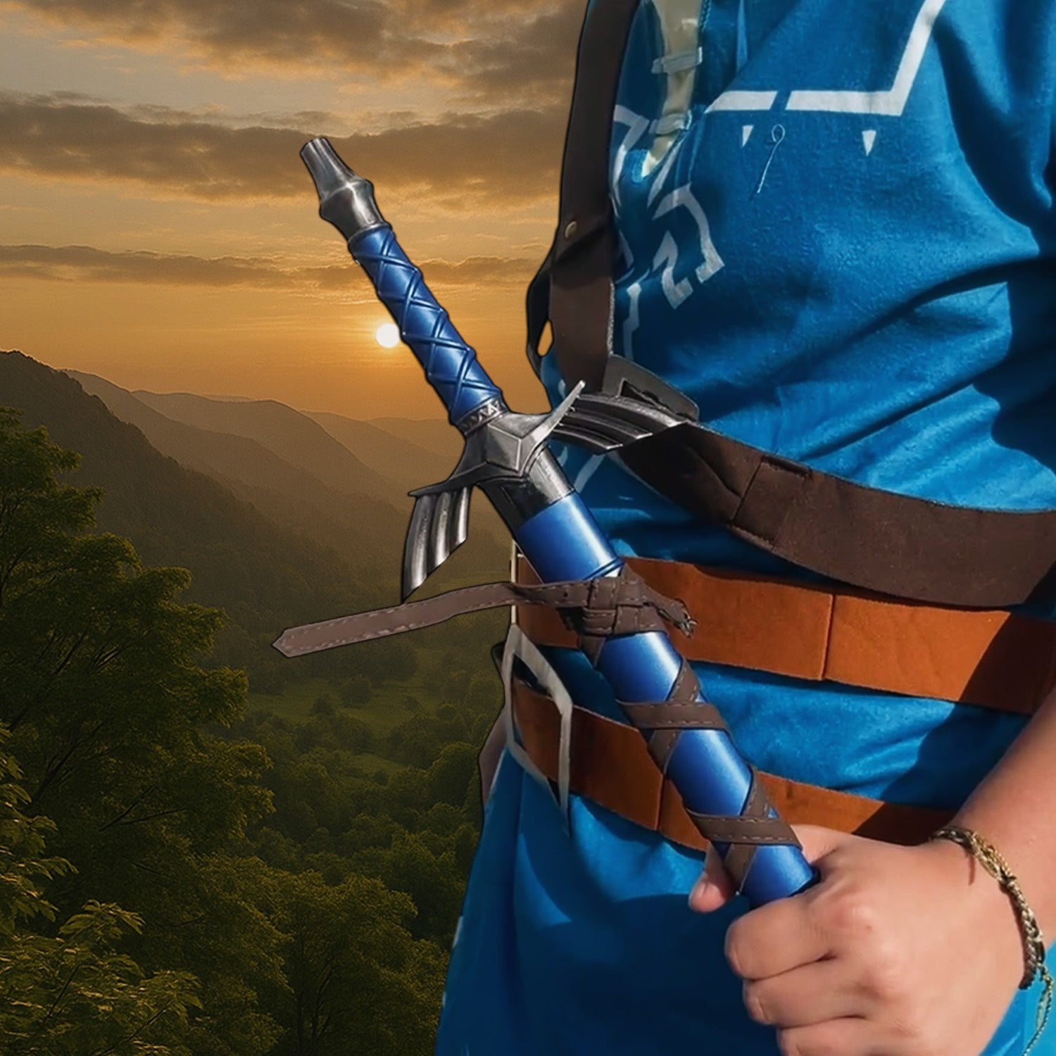 Cosplayer holding blue fantasy sword at sunset