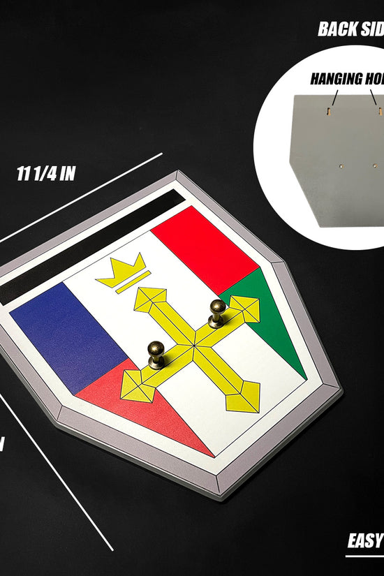 Back view of a decorative plaque with hanging holes for displaying the Blazing Sword - 47