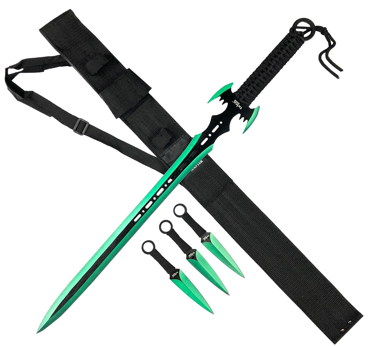 27" Machete w 2 Throwing Knives Green
