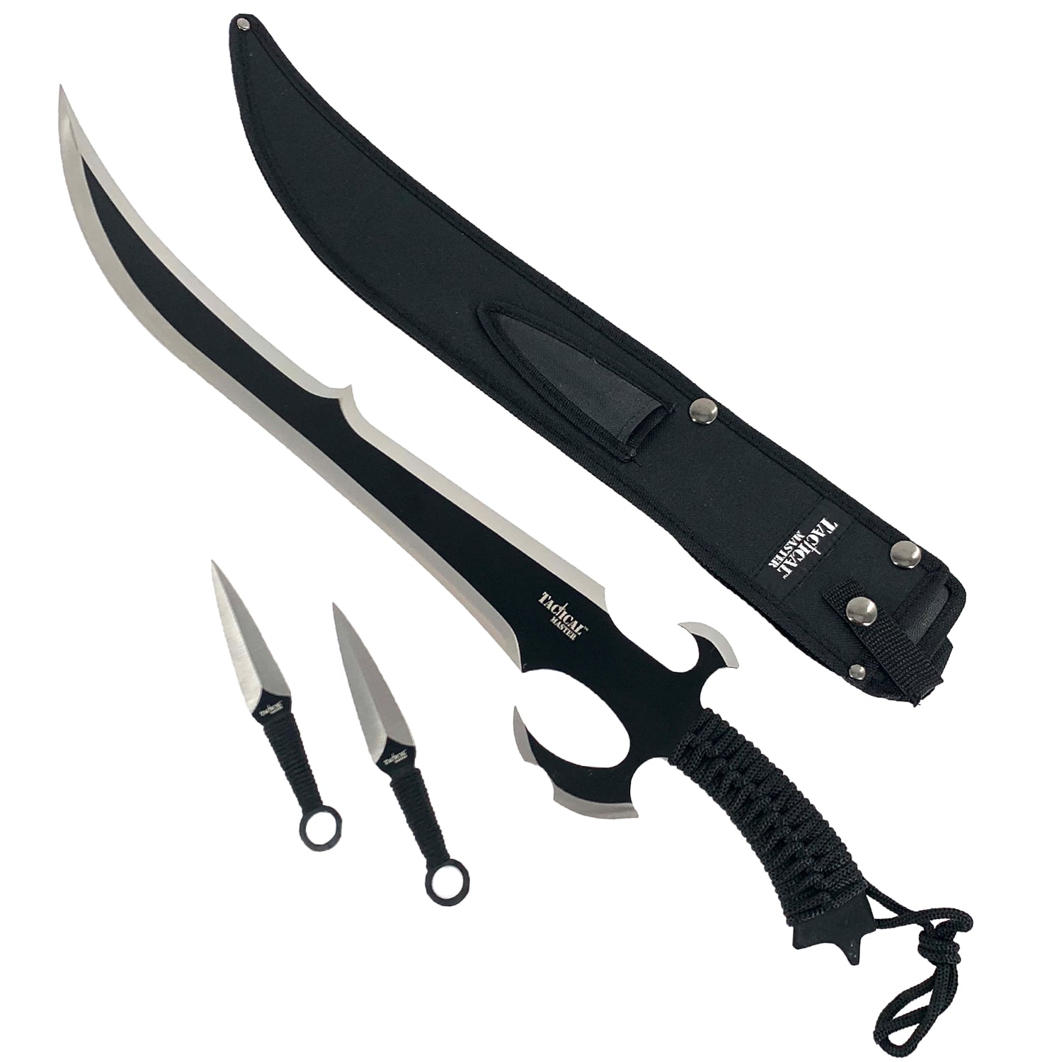 27" Black Tactical Machete w 2 Throwing Knives