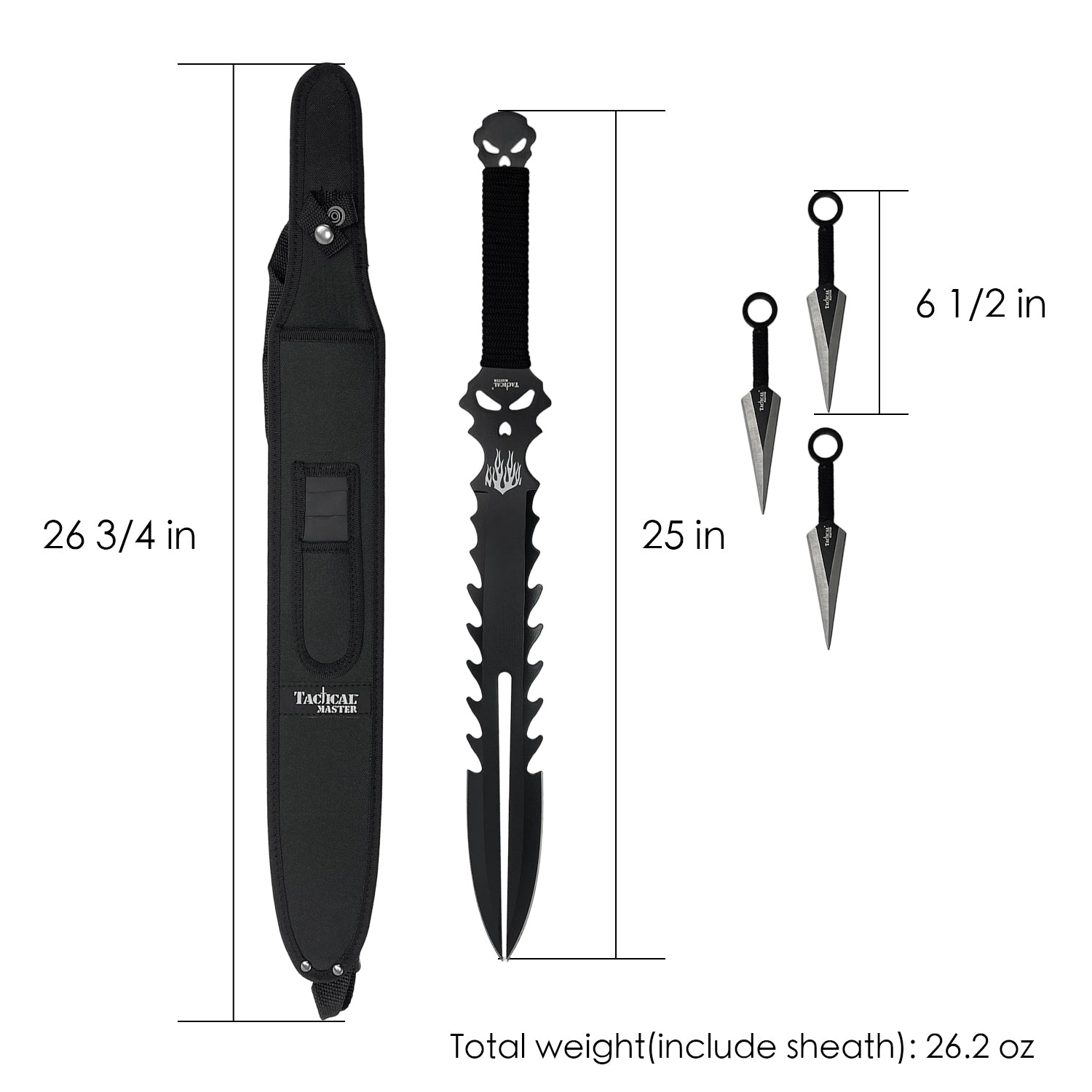 25" Flame Skull Machete w/ Throwing Knives - Black