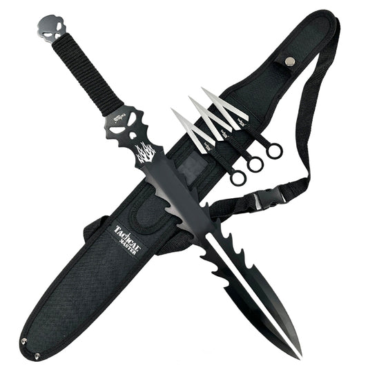 25" Flame Skull Machete w/ Throwing Knives - Black