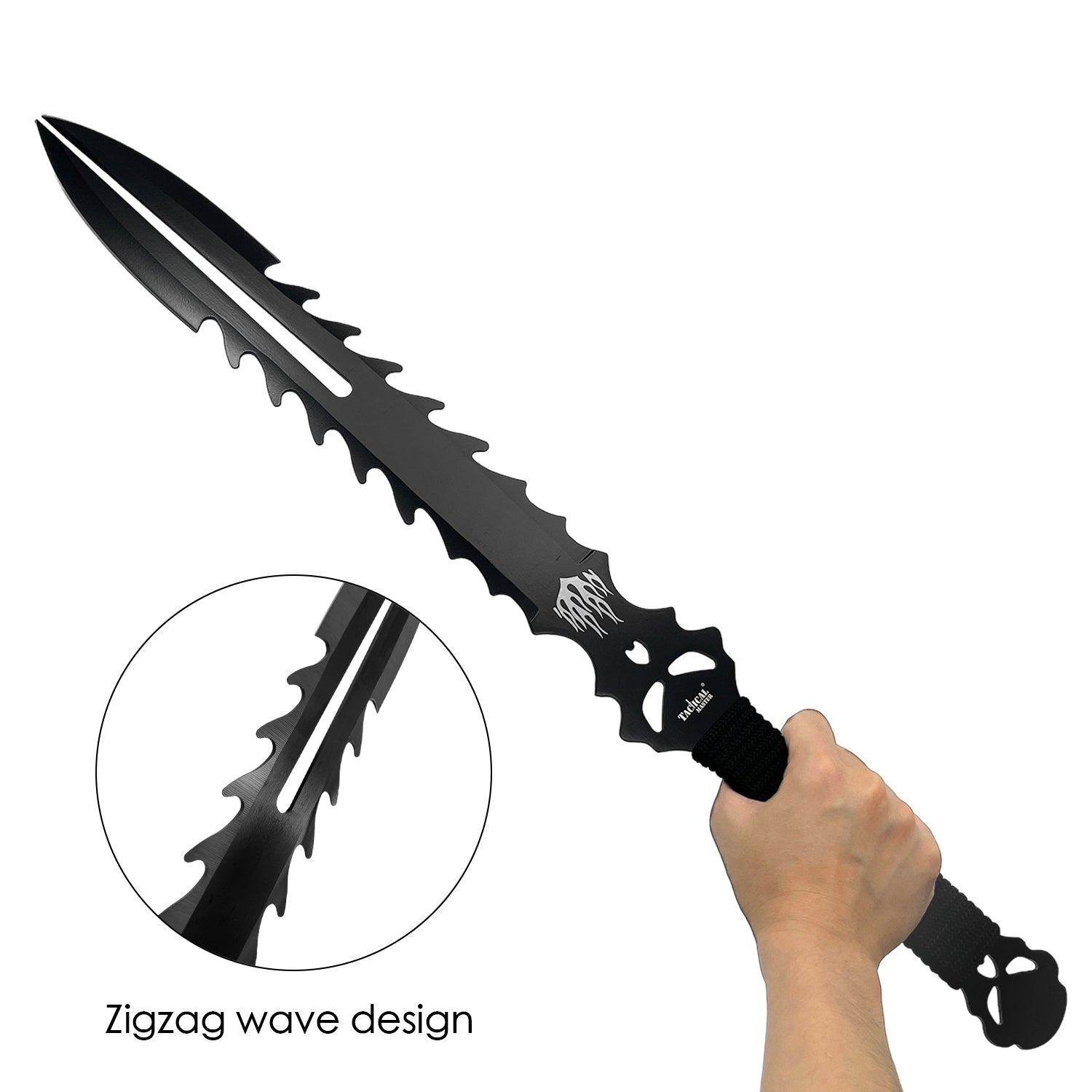 25" Flame Skull Machete w/ Throwing Knives - Black