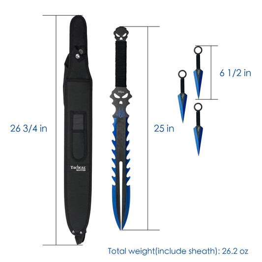 25" Flame Skull Machete w/throwing knives-Blue