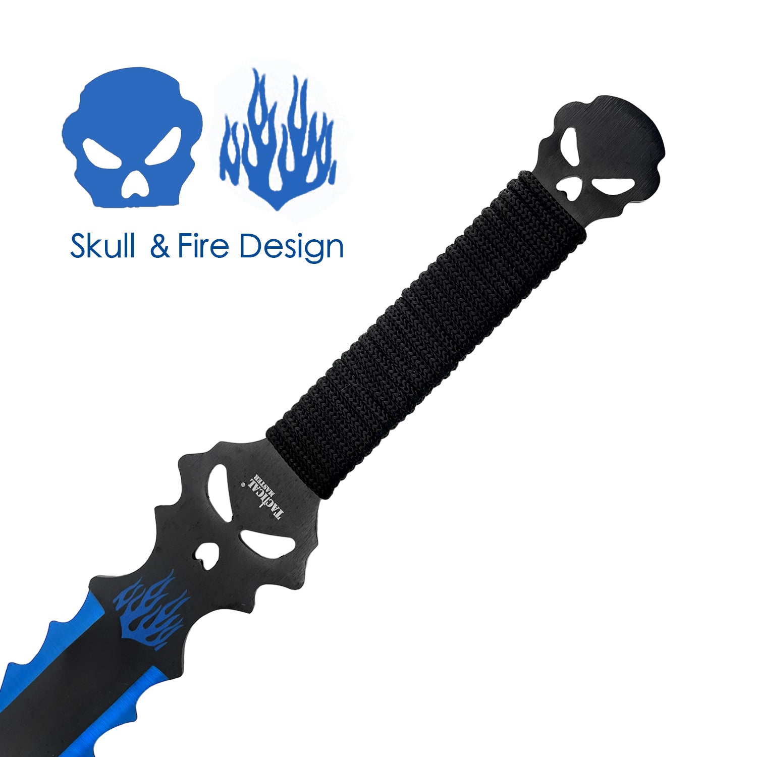 25" Flame Skull Machete w/throwing knives-Blue